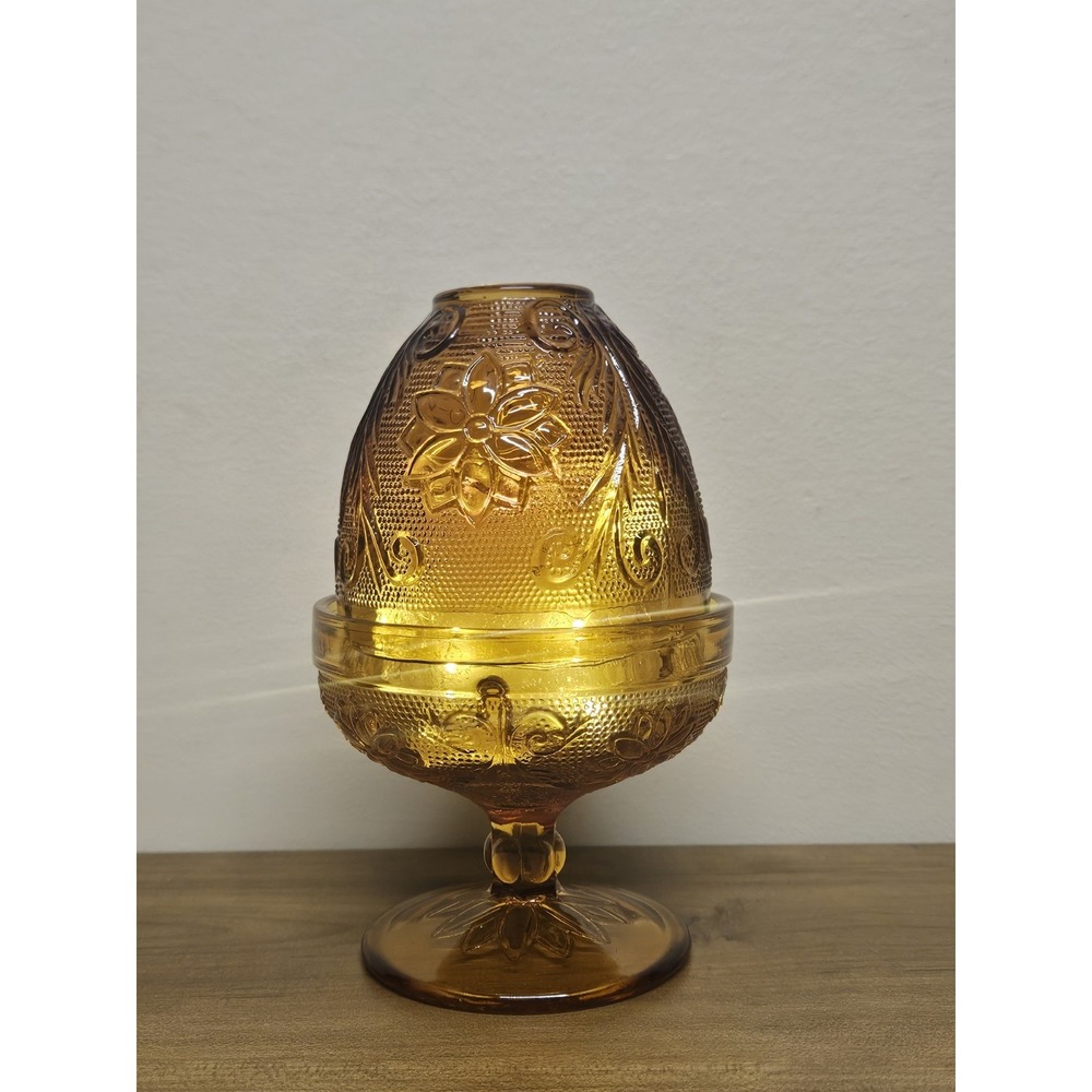 Vintage Indiana Glass Tiara Fairy Lamp Amber Sandwich Pattern MCM Candle Holder